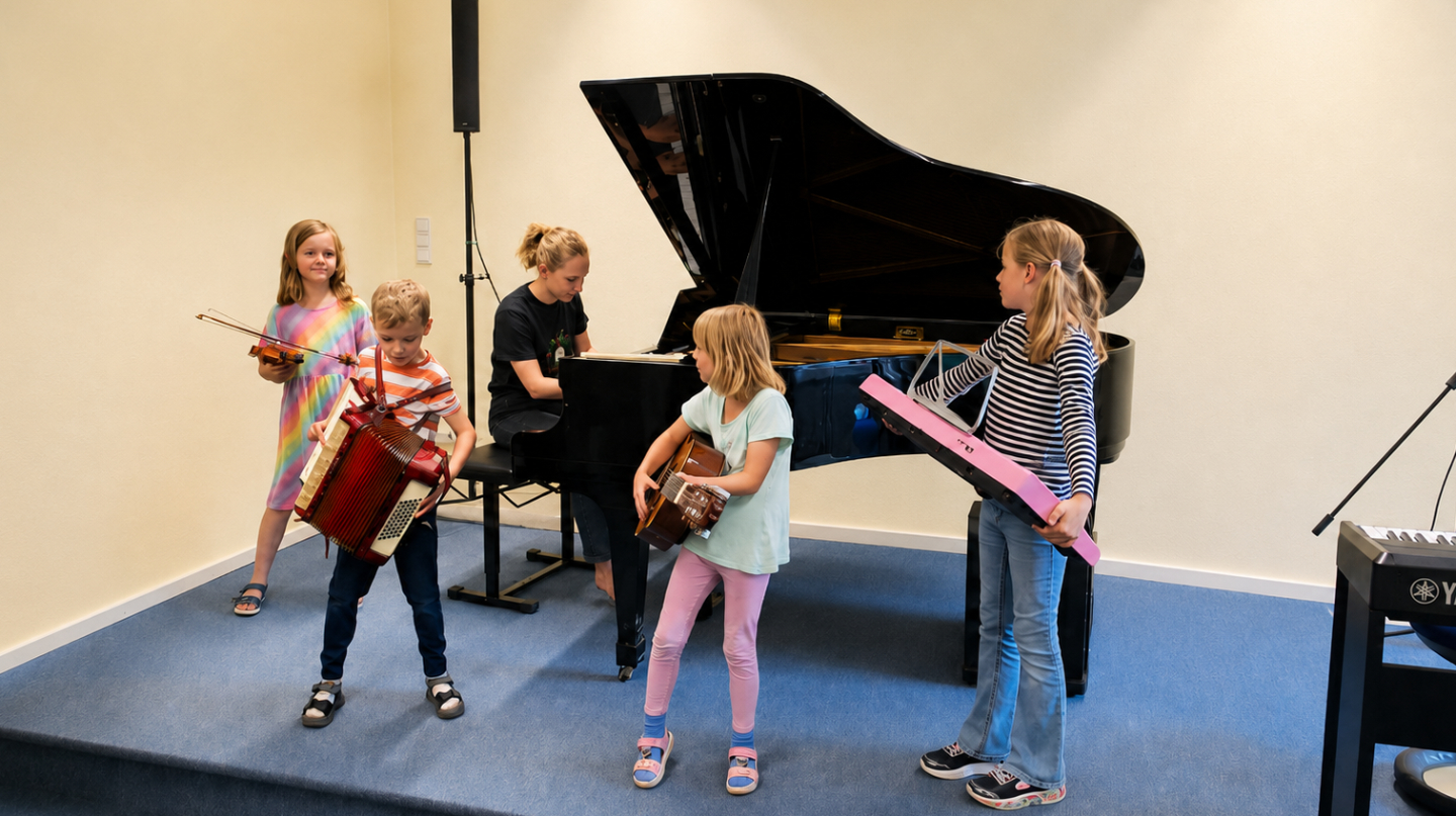 Kinder mit Akkordeon, Gitarre, Geige, Klavier und Keyboard beim Instrumenten-Karussell IKARUS der Musikschule Elmshorn