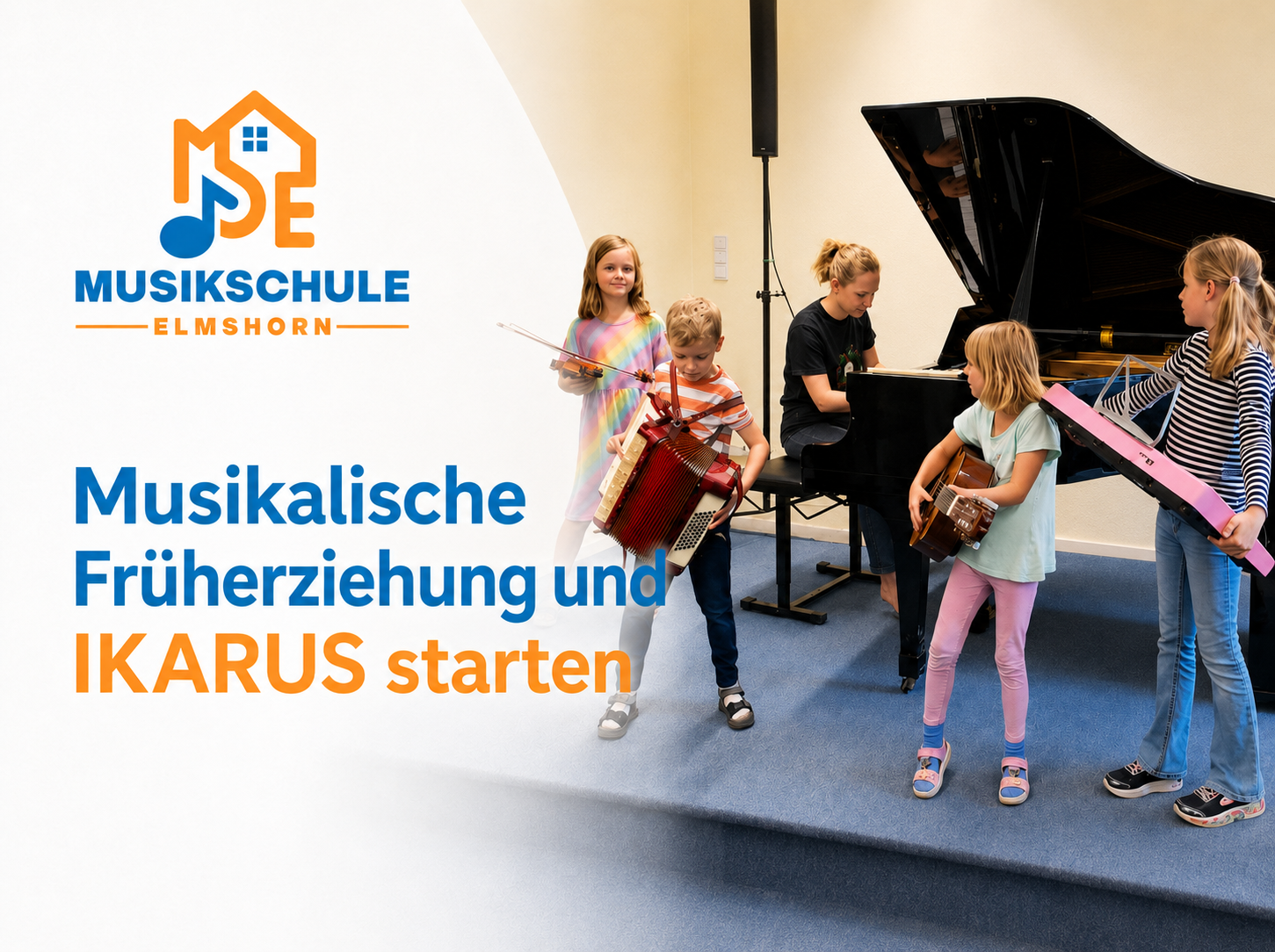 IKARUS Instrumenten-Karussell an der Musikschule Elmshorn Kinder mit Akkordeon, Gitarre, Geige, Klavier und Keyboard beim Instrumenten-Karussell IKARUS der Musikschule Elmshorn